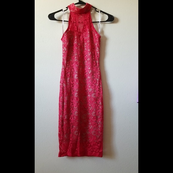 NEW LISTING! Red Nude Illusion Lace Mock Neck Dress - Picture 8 of 17